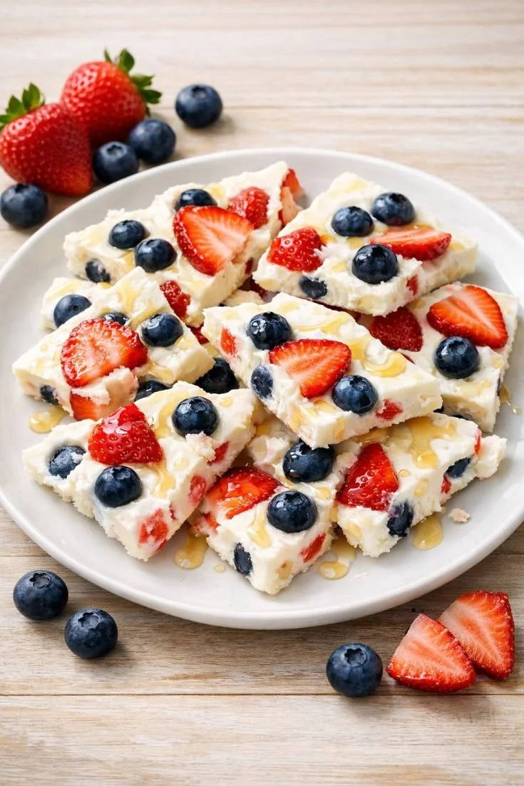 Delicious no-bake yogurt bark with fruits and nuts on parchment paper.