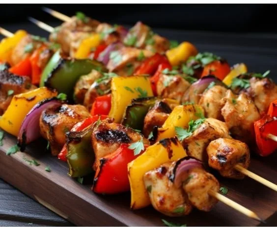 Oven-baked chicken kabobs served on a platter with colorful veggies.