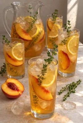 Glass of Peach Thyme Iced Tea garnished with fresh peaches and thyme sprigs