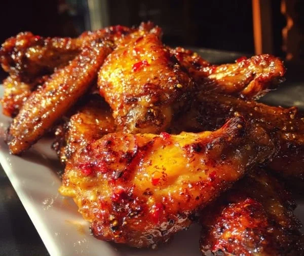 Pineapple Cowboy Candy Chicken Wings on a platter garnished with fresh herbs