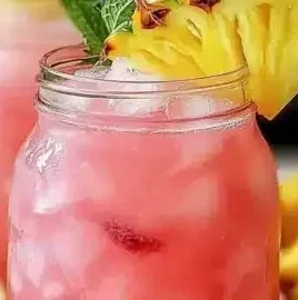 Delicious Pineapple Pink Lemonade served in a glass with a slice of lemon