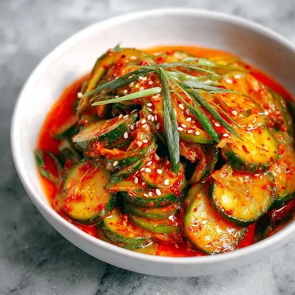 Quick Cucumber Kimchi in a bowl garnished with sesame seeds and green onions