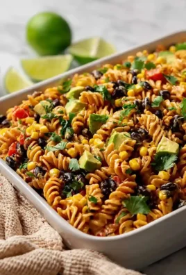 Quick high protein Southwest pasta salad with colorful vegetables and dressing