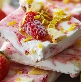 Refreshing strawberry lemon frozen yogurt bark with fresh strawberries and lemon slices