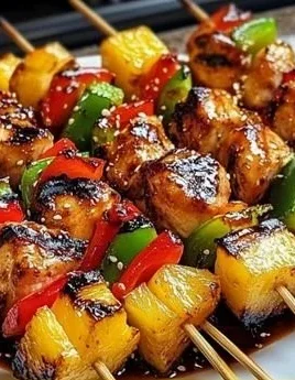 Grilled pineapple chicken kabobs on a skewer, ready to serve at a barbecue.