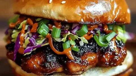 Savory Korean BBQ Chicken Sandwich with crunchy slaw topping