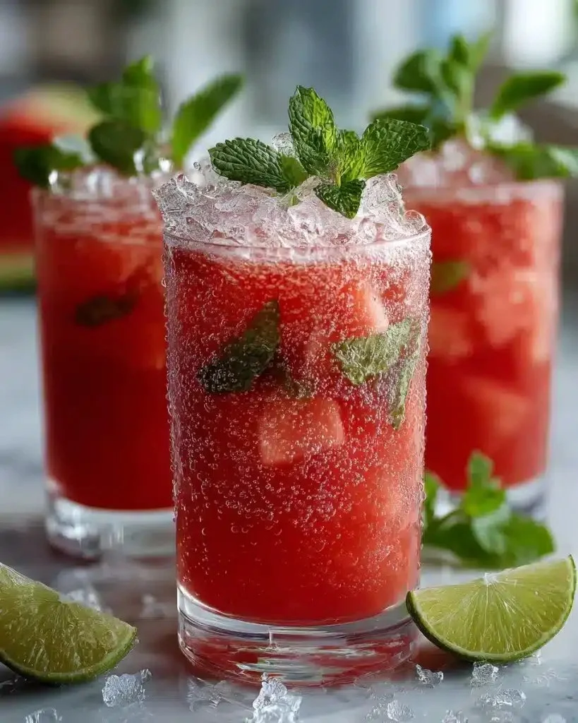 Sparkling watermelon mint cooler mocktail in a glass with mint leaves and watermelon slice.