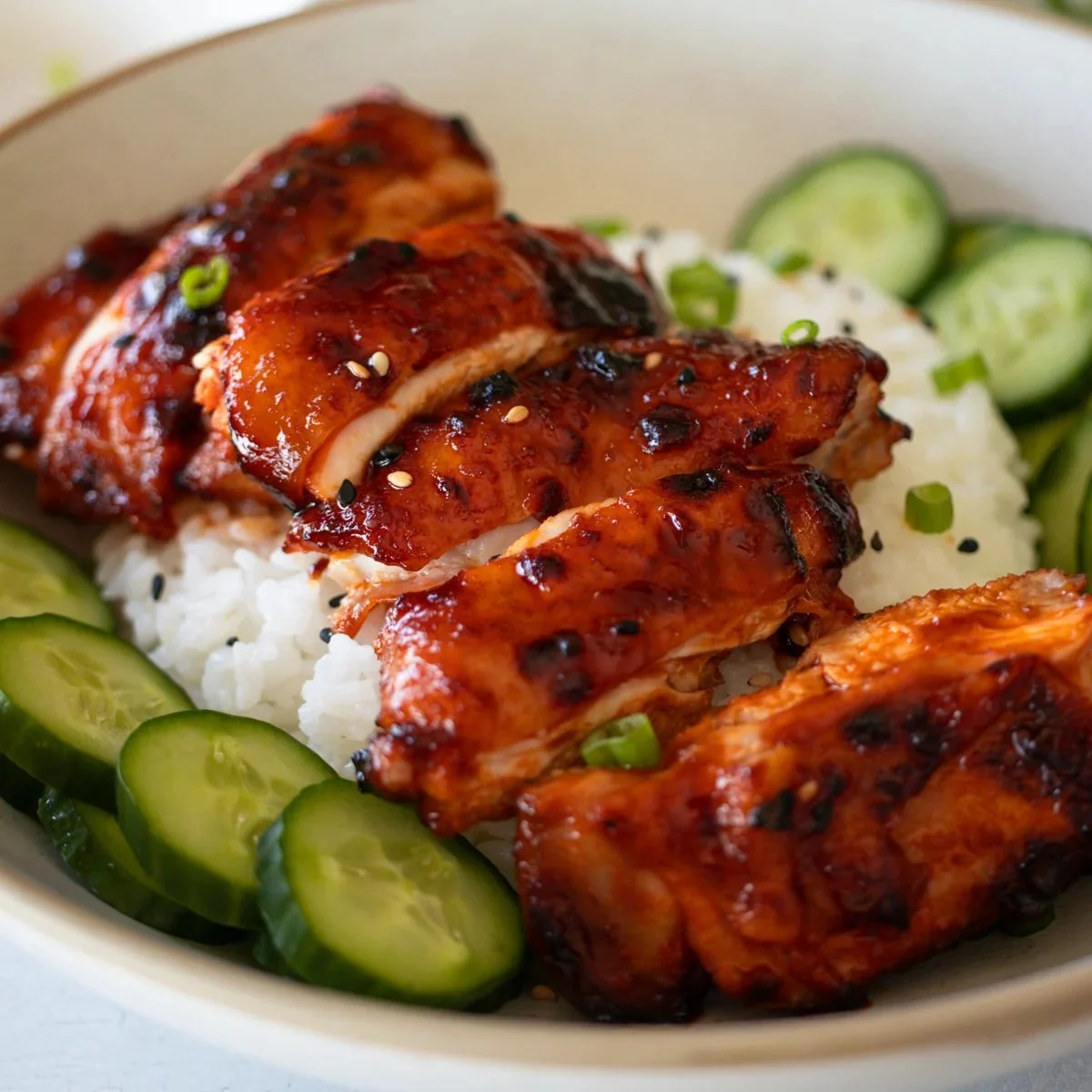 Delicious sticky honey gochujang chicken garnished with sesame seeds.