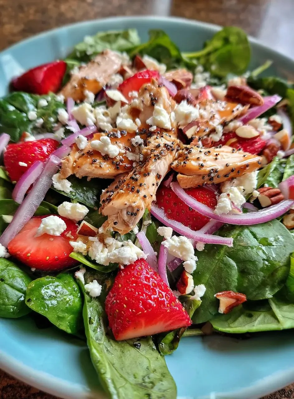 Delicious Strawberry Chicken Spinach Salad with fresh ingredients and vibrant colors.