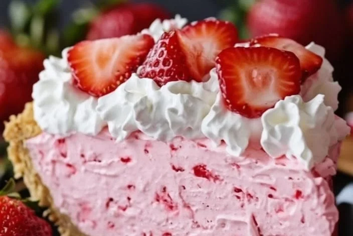 Delicious Strawberry Cool Whip Pie topped with fresh strawberries and whipped cream