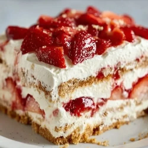 Delicious Strawberry Cream Cheese Icebox Cake with fresh strawberries