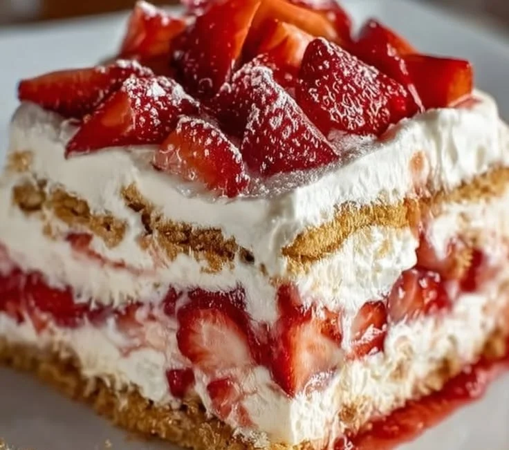 Strawberry Cream Cheese Icebox Cake with layers of cream and berries