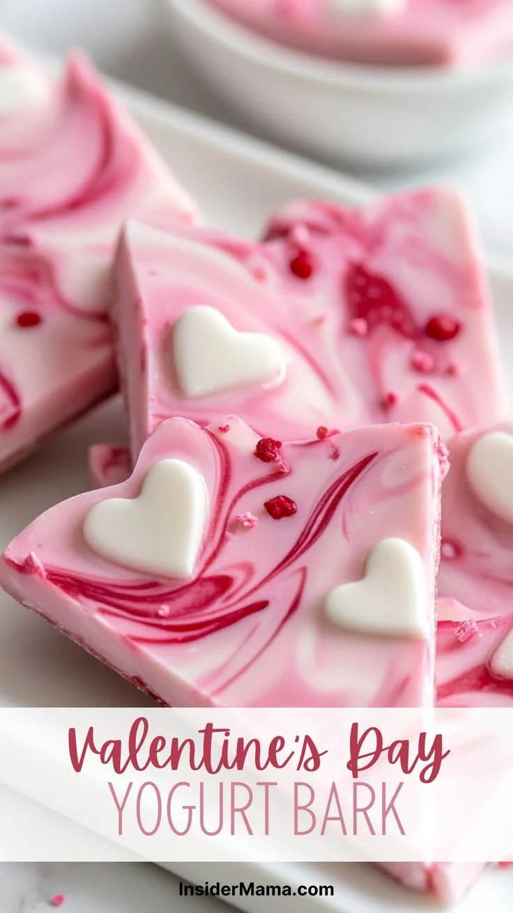 An enticing spread of strawberry yogurt bark topped with fresh strawberries and nuts.