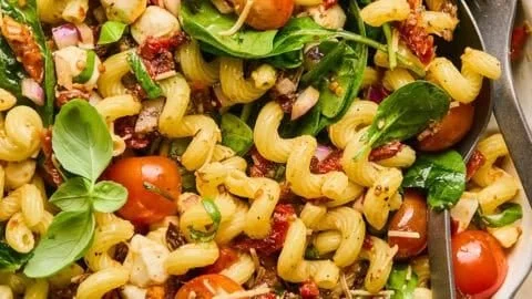 Sun Dried Tomato Pasta Salad with fresh vegetables and herbs