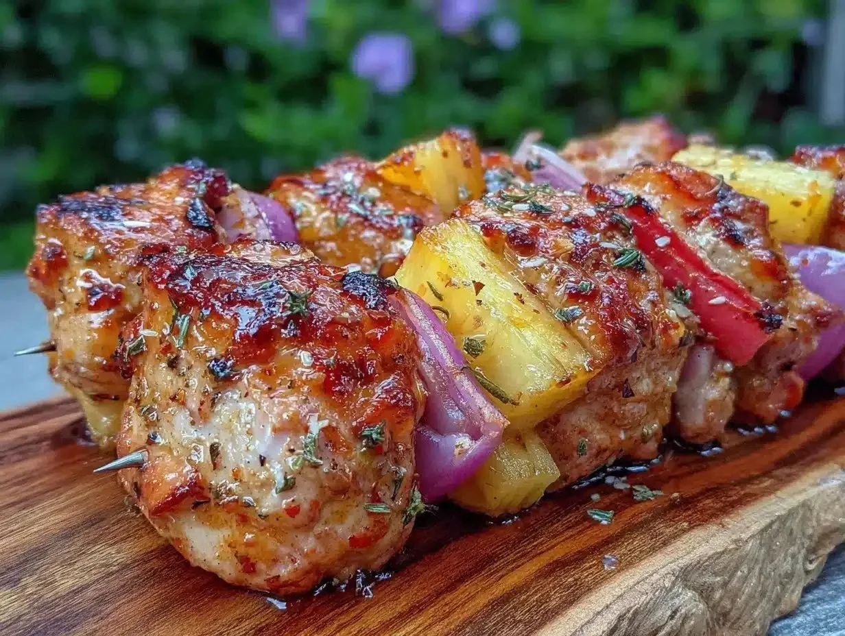 Spicy honey grilled chicken skewers on a BBQ grill for 4th of July celebration.