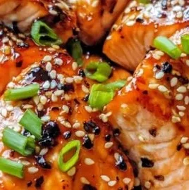 Air Fryer salmon bites with honey soy glaze served on a plate