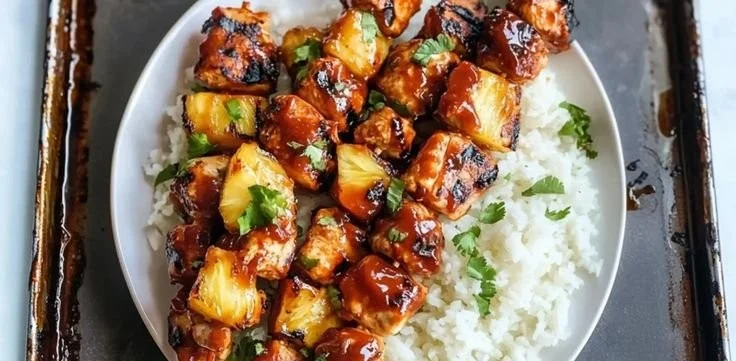 BBQ Pineapple Chicken Kabobs on a grill, showcasing vibrant colors and flavors.