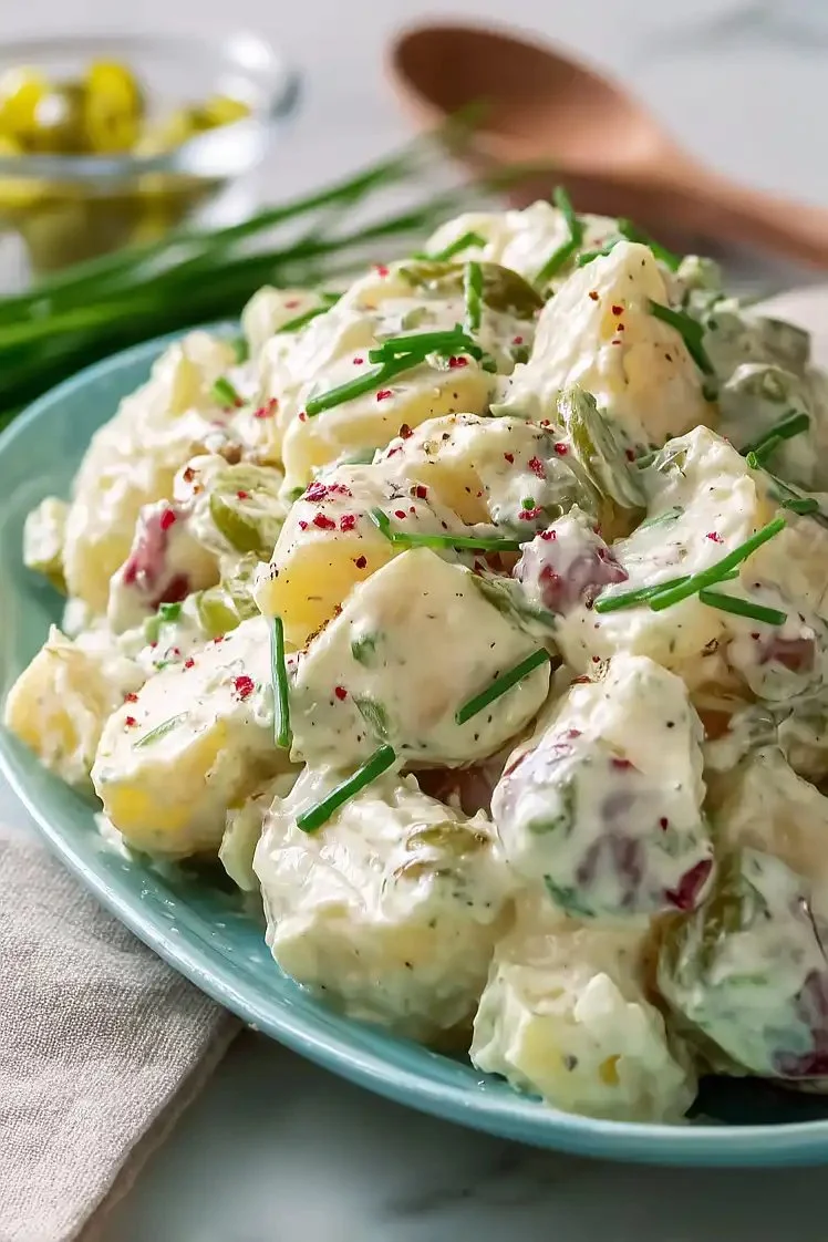 Creamy Julia Child potato salad served in a bowl with fresh herbs