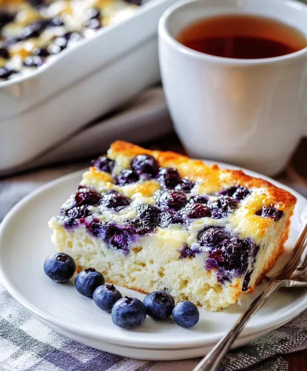 Blueberry cottage cheese breakfast bake in a dish, ready to serve and enjoy.