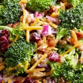 Fresh and vibrant broccoli salad with colorful vegetables and dressing