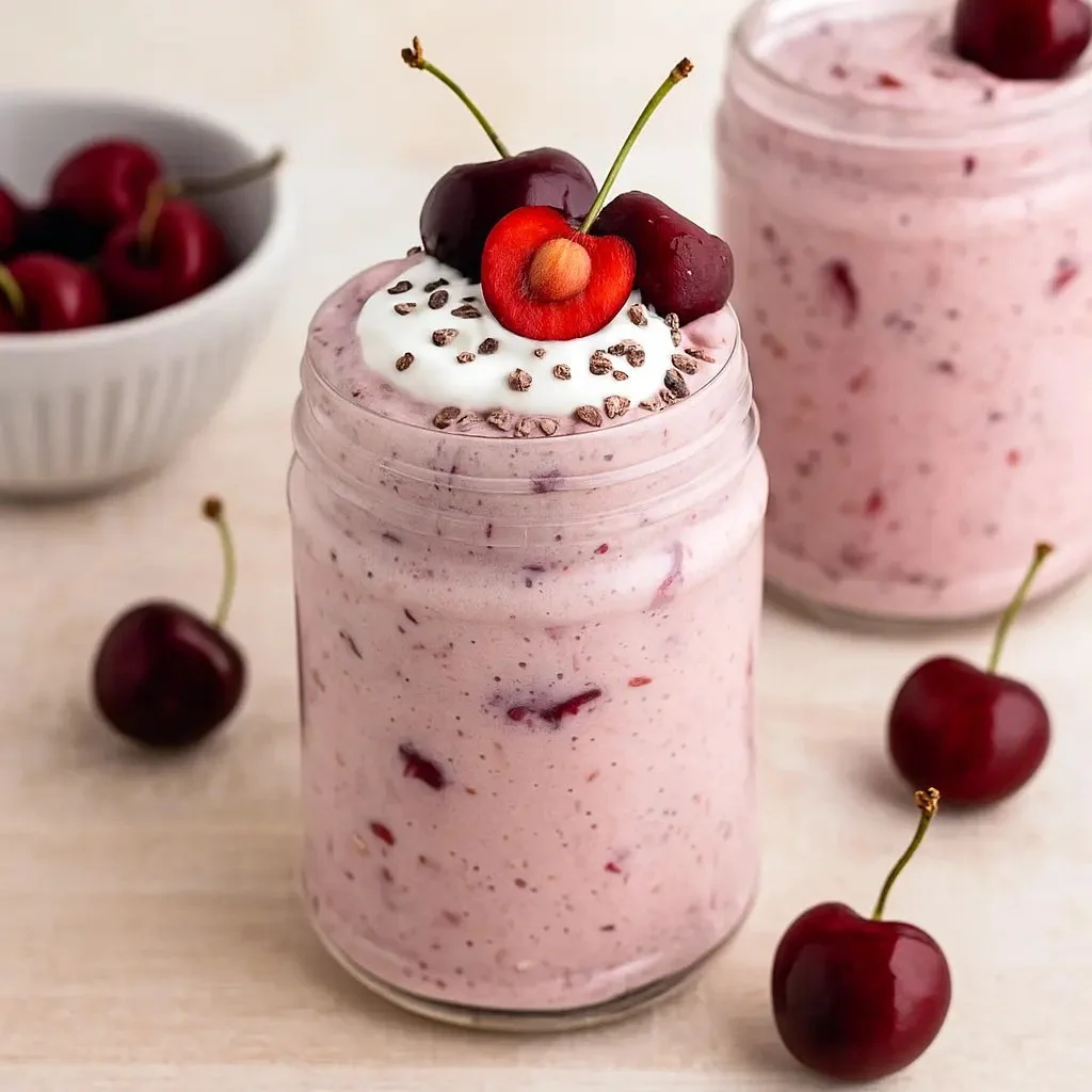 Delicious Cherry Overnight Oats topped with fresh cherries and almonds