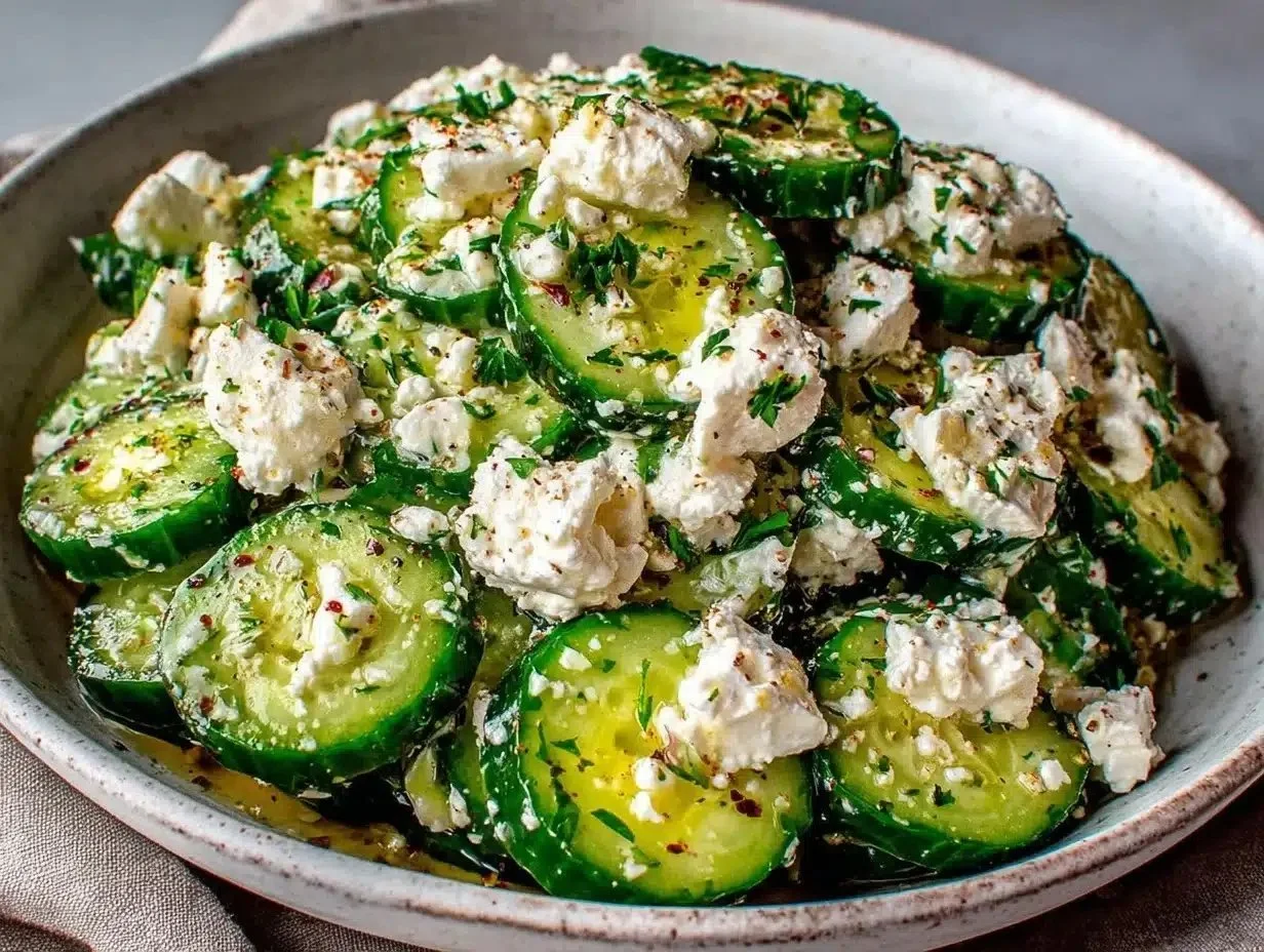 Classic cucumber feta salad with fresh cucumbers and crumbled feta cheese