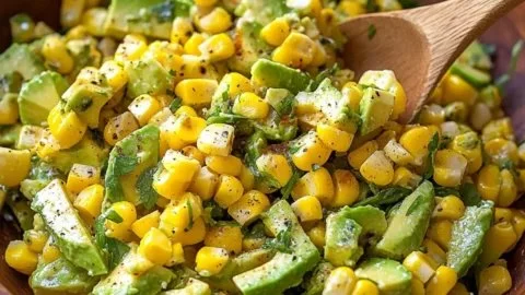 Fresh Corn Avocado Salad with vibrant vegetables and dressing in a bowl