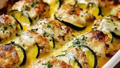 Delicious chicken zucchini bake dish served warm, a comforting meal.