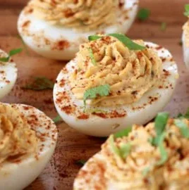 Delicious deviled eggs topped with relish for a flavorful appetizer