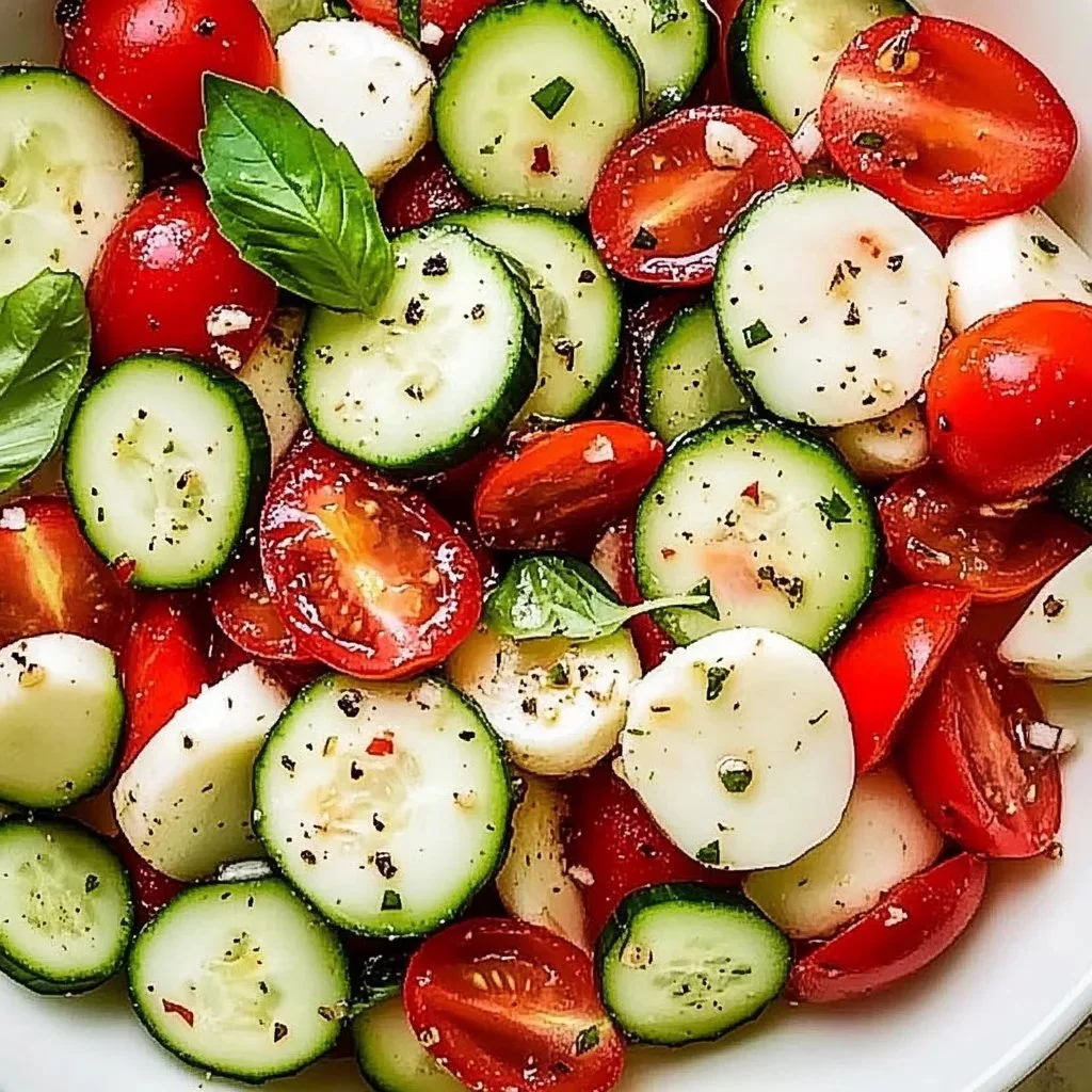 Delicious cucumber caprese salad with fresh tomatoes and mozzarella