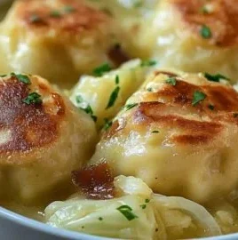 Plate of easy German cabbage dumplings with garnish