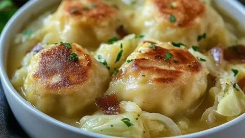 Plate of easy German cabbage dumplings with garnish