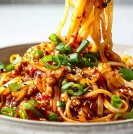 Delicious plate of Easy Szechuan Noodles (Dan Dan Noodles) garnished with herbs