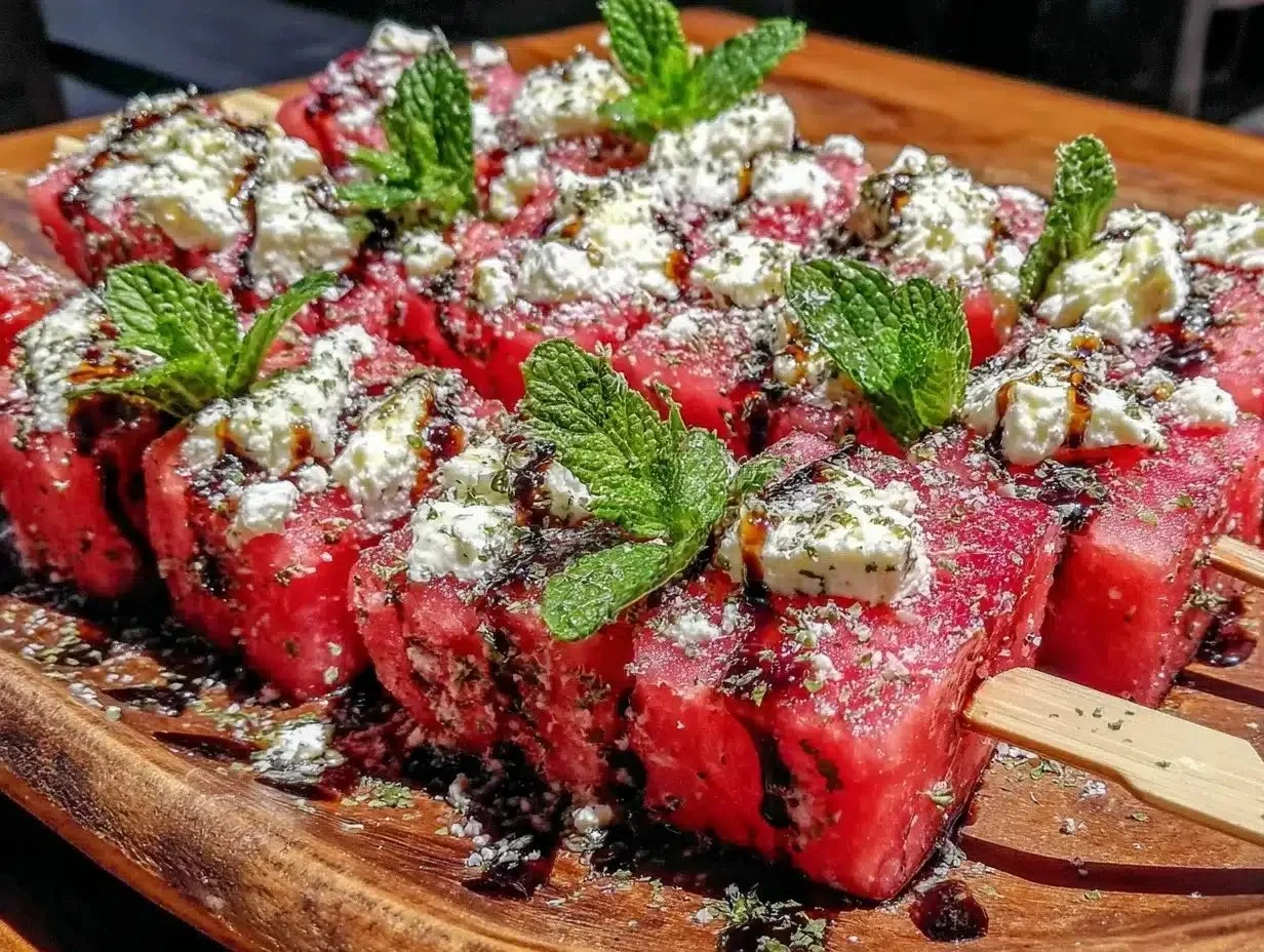 Delicious watermelon feta skewers served on a platter for summer appetizers