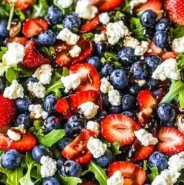 Fresh arugula salad topped with colorful berries and a light vinaigrette.