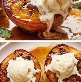 Grilled peaches drizzled with cinnamon and brown sugar on a plate.