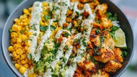 Healthy Street Corn Chicken Bowl with grilled chicken, corn, and fresh toppings