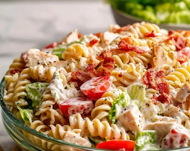 High Protein BLT Pasta Salad with bacon, lettuce, and tomatoes in pasta.