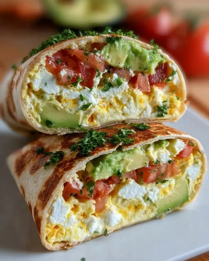 High-protein breakfast wrap filled with cottage cheese and avocado