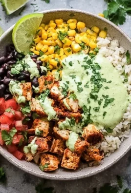 High protein chicken burrito bowl with fresh ingredients and vibrant colors