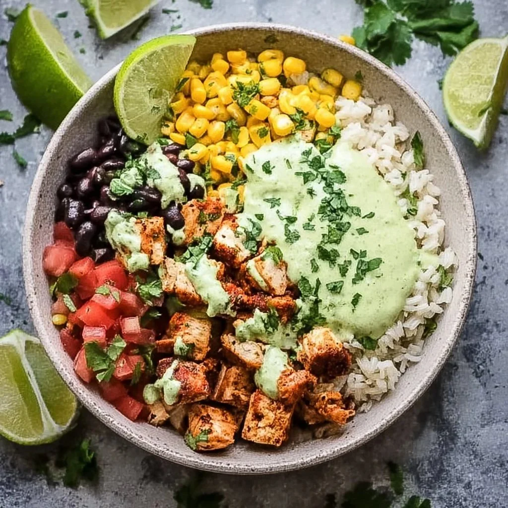 High protein chicken burrito bowl with fresh ingredients and vibrant colors