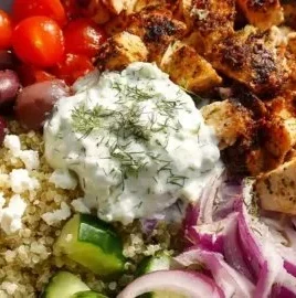 High Protein Mediterranean Chicken Bowl ready to serve