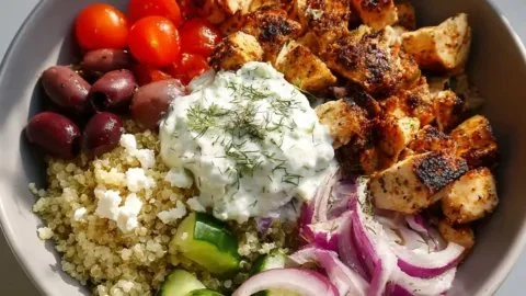 High Protein Mediterranean Chicken Bowl ready to serve