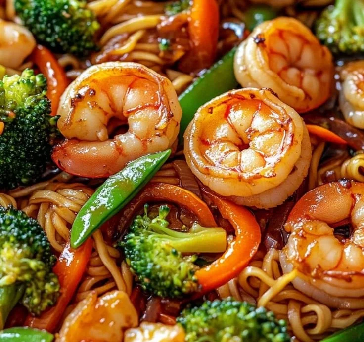 One-pan shrimp stir fry with noodles, highlighting delicious high-protein ingredients.