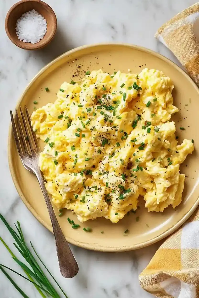 Delicious homemade cottage cheese scrambled eggs served on a plate