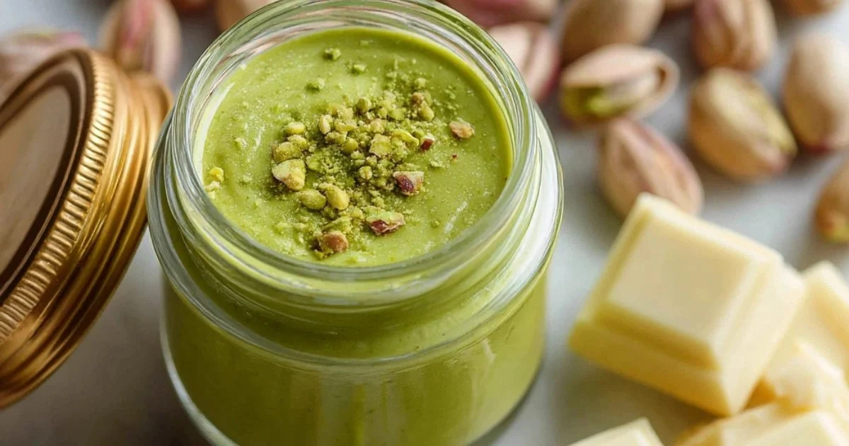 Delicious homemade pistachio cream spread in a glass jar