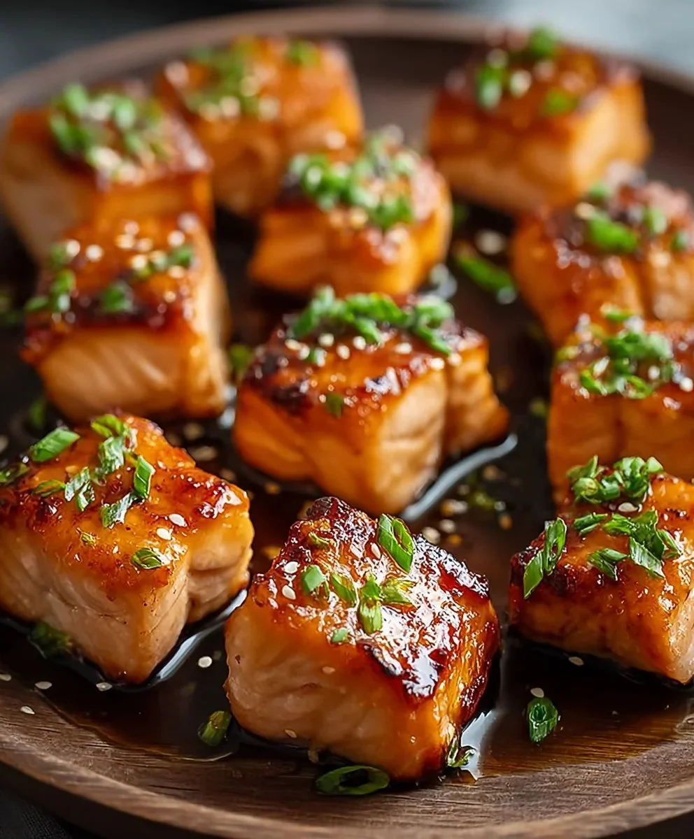 Honey garlic salmon bites served on a platter with garnishes.