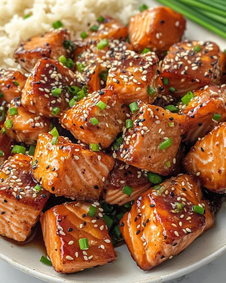 Honey garlic salmon bites served on a platter with garnish.