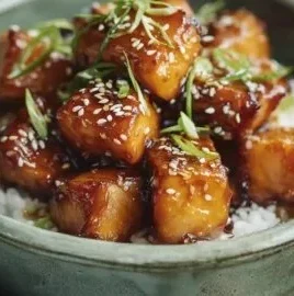 Honey garlic salmon bites served on a platter, garnished with herbs.