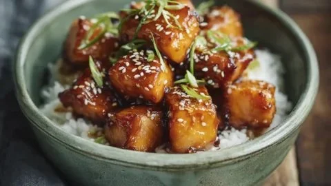 Honey garlic salmon bites served on a platter, garnished with herbs.